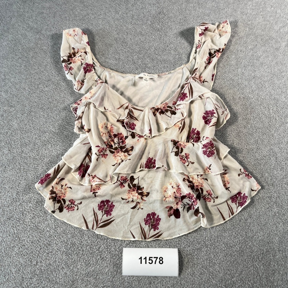 La Peche Womens Floral Mesh Ruffle Tiered Sleeveless Blouse Cream Burgundy Small